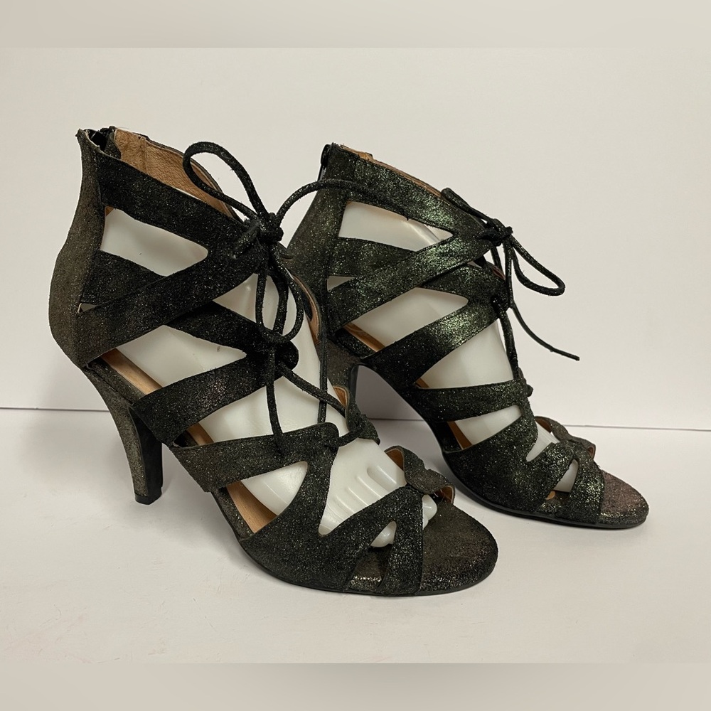 Jeffrey Campbell Ibiza Laramie suede lace up sandals heels black shimmer 10 - Picture 3 of 10
